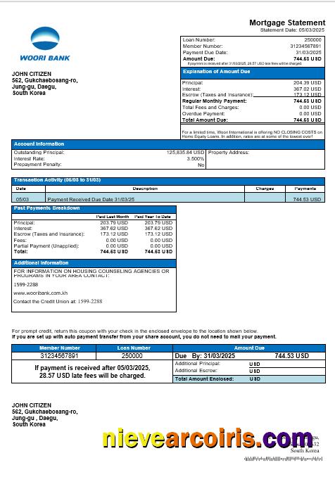 South Korea Woori bank mortgage statement